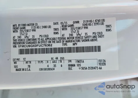 2015 Ford Escape Se из США, поврежденный, VIN 1FMCU9GX0FUC76362